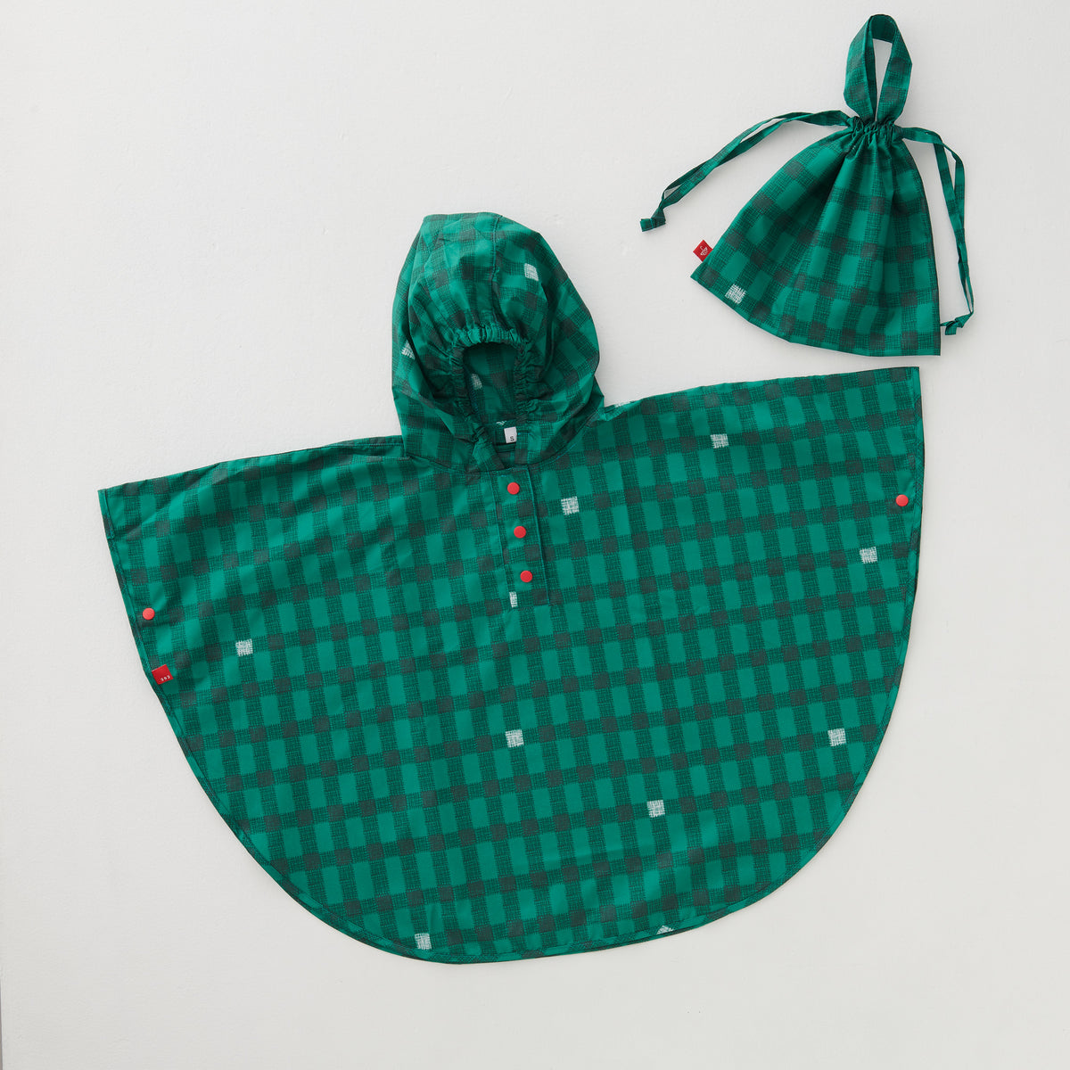 392plusm kidsポンチョ gingham グリーン Mサイズ 本体と収納袋