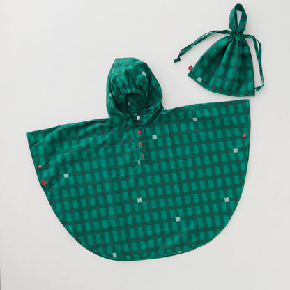 392plusm kidsポンチョ gingham グリーン Mサイズ 本体と収納袋