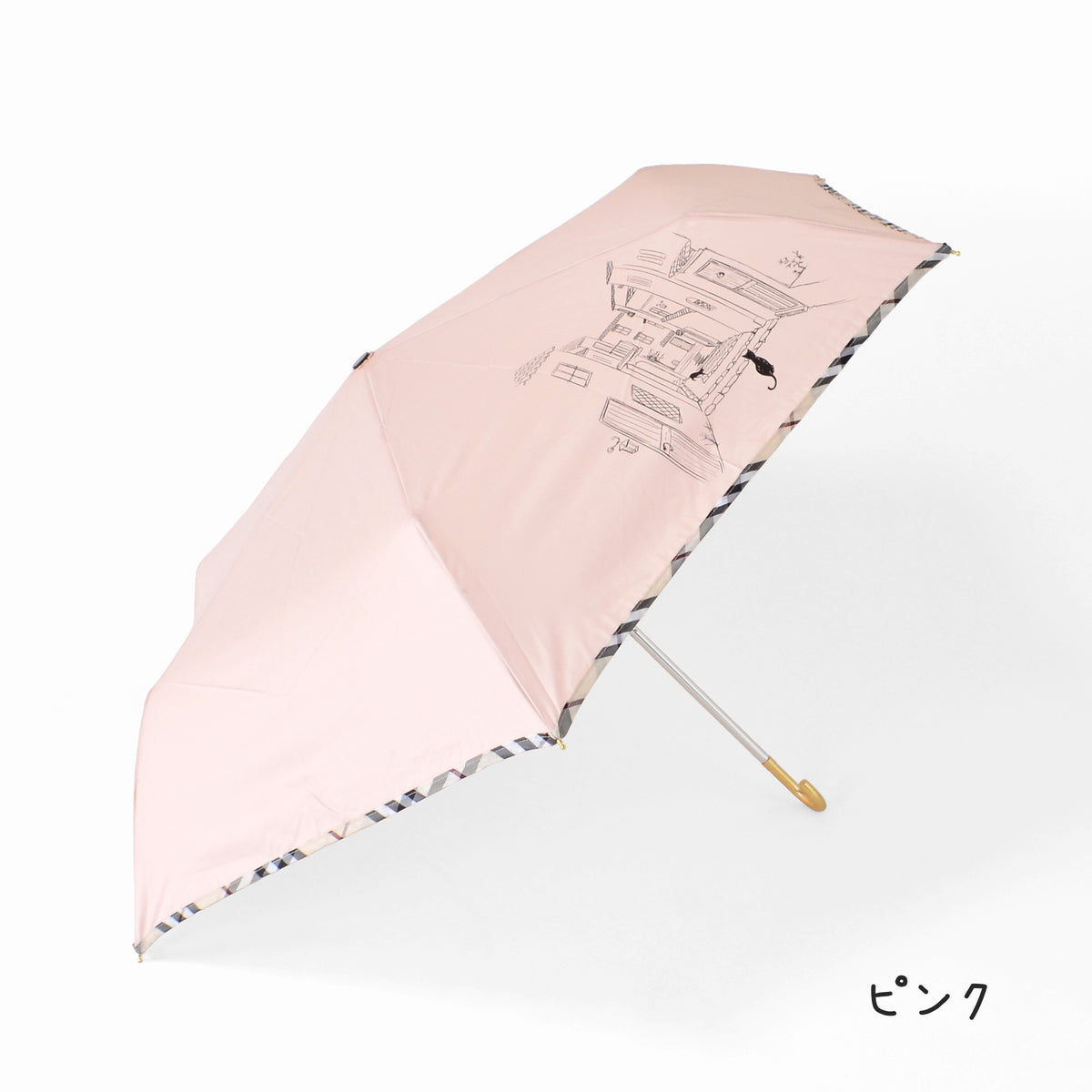 チェックパイピングと猫｜耐風折りたたみ傘 55cm