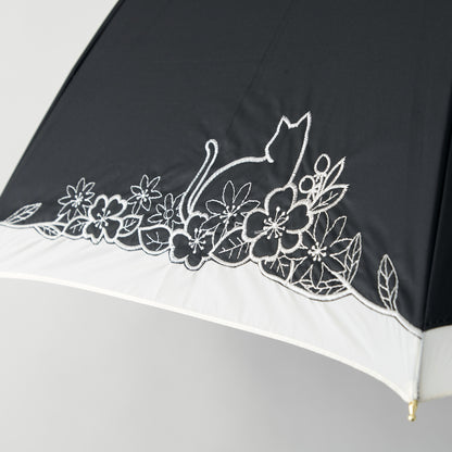 猫とお花刺繍切継ぎ｜遮光・遮熱｜晴雨兼用 折りたたみ傘 50cm