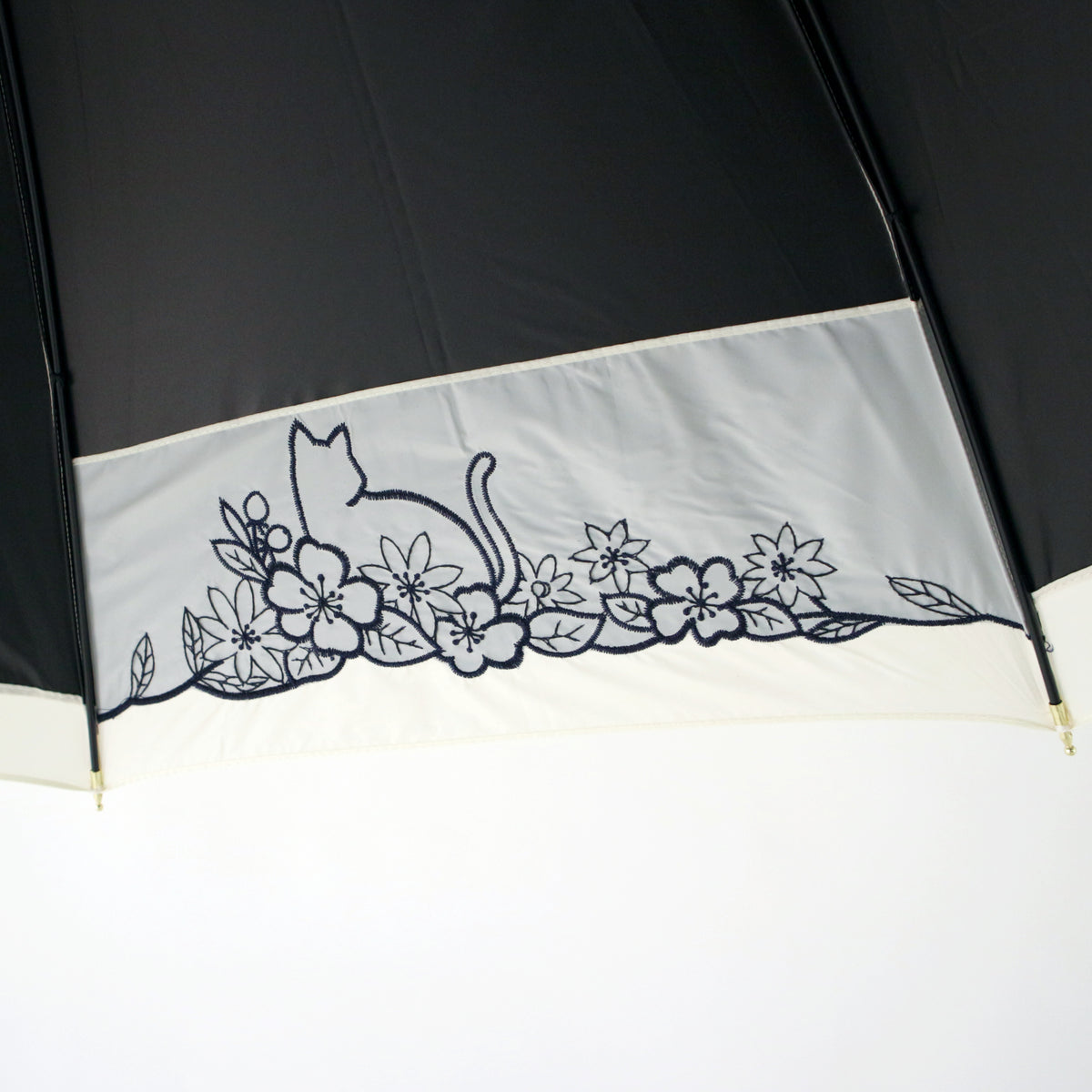 猫とお花刺繍切継ぎ｜遮光・遮熱 手開き｜晴雨兼用 長傘 55cm