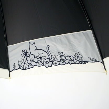 猫とお花刺繍切継ぎ｜遮光・遮熱 手開き｜晴雨兼用 長傘 55cm