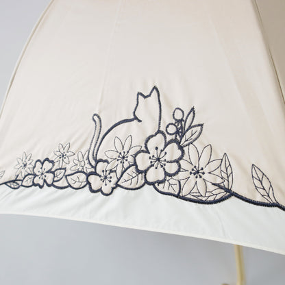 猫とお花刺繍切継ぎ｜遮光・遮熱｜晴雨兼用 折りたたみ傘 50cm