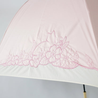 猫とお花刺繍切継ぎ｜遮光・遮熱｜晴雨兼用 折りたたみ傘 50cm