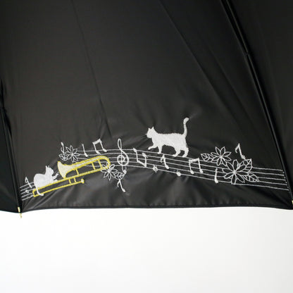 音符とトロンボーンと猫｜遮光・遮熱 手開き｜晴雨兼用 長傘 55cm