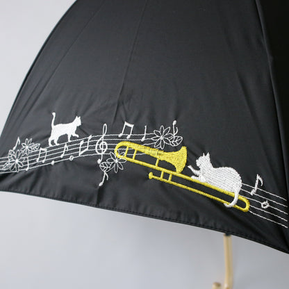 音符とトロンボーンと猫｜遮光・遮熱 手開き｜晴雨兼用 長傘 55cm