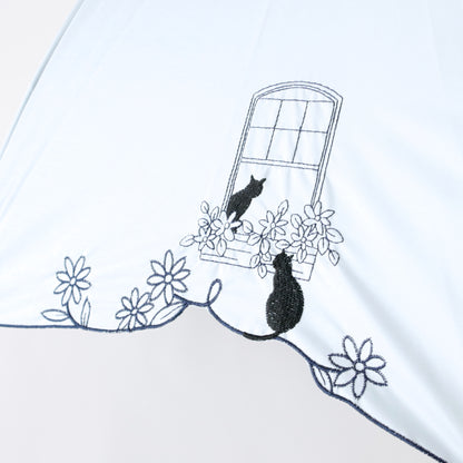 窓辺の猫 スカラ刺繍｜遮光・遮熱｜晴雨兼用 折りたたみ傘 50cm