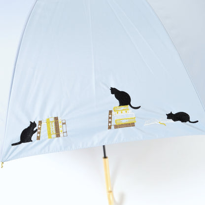本と猫刺繍｜遮光・遮熱 手開き｜晴雨兼用 長傘 55cm