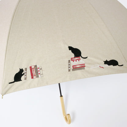 本と猫刺繍｜遮光・遮熱 手開き｜晴雨兼用 長傘 55cm