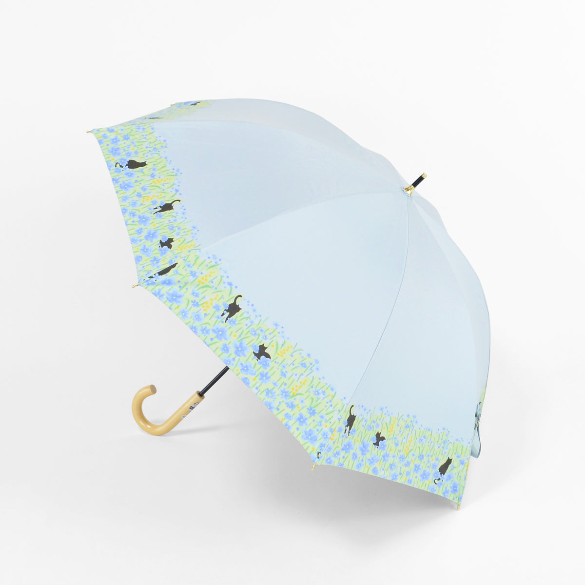 お花畑と猫｜遮光・遮熱 手開き｜晴雨兼用 長傘 50cm