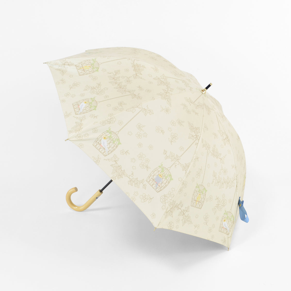 インコと鳥かご｜遮光・遮熱 手開き｜晴雨兼用 長傘 50cm