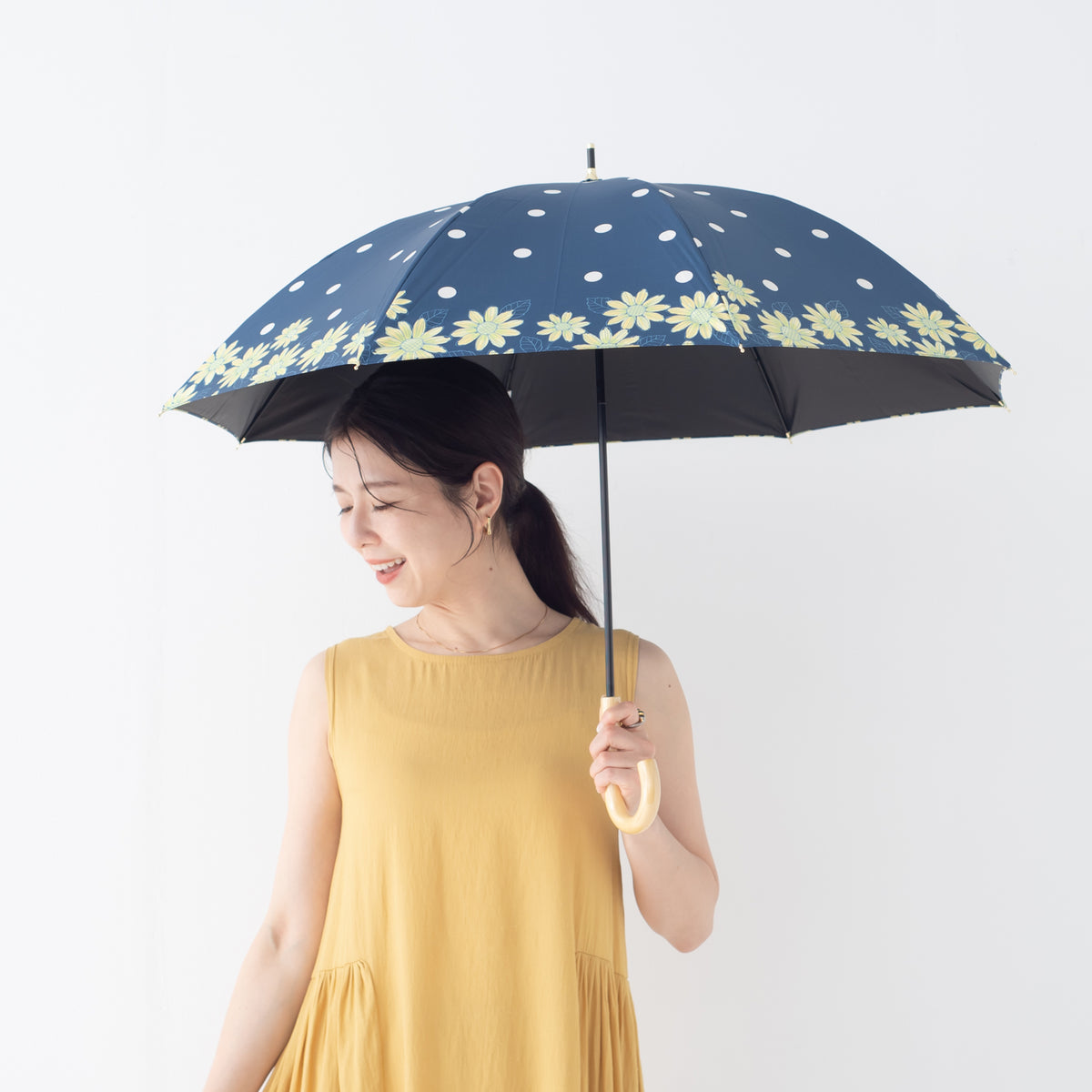 ひまわりと水玉｜遮光・遮熱 手開き｜晴雨兼用 長傘 50cm