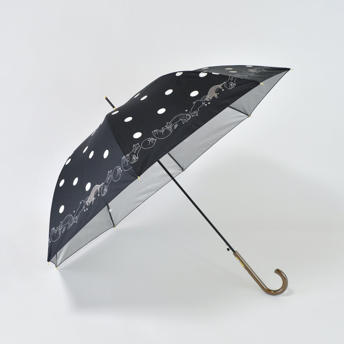 猫と水玉｜遮光・遮熱 ジャンプ｜晴雨兼用 長傘 60cm