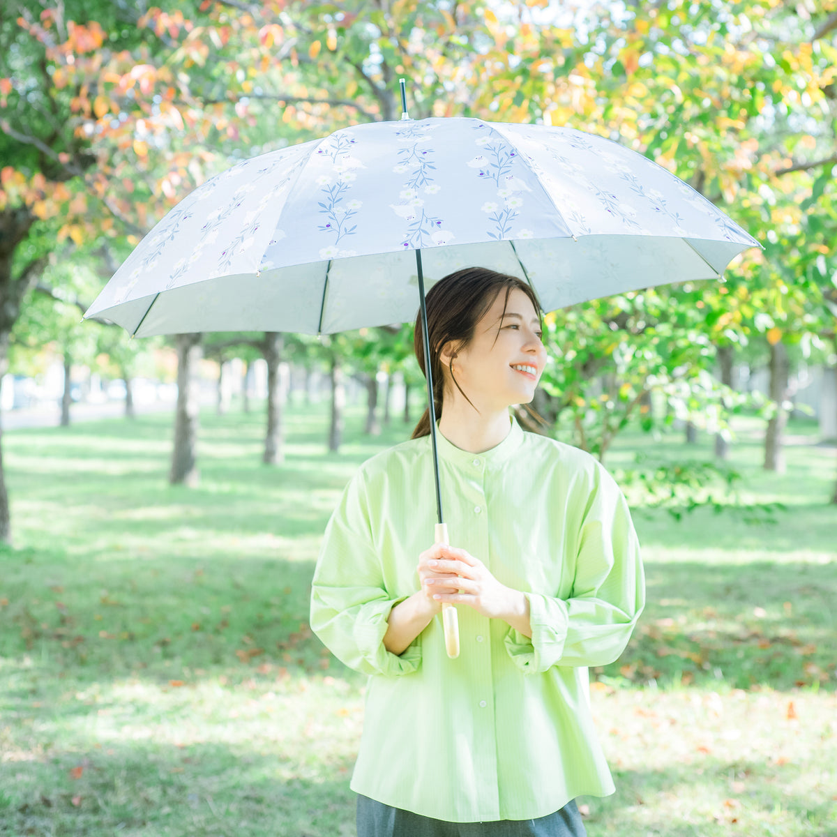 お花と文鳥｜遮光・遮熱 ジャンプ｜晴雨兼用 長傘 60cm