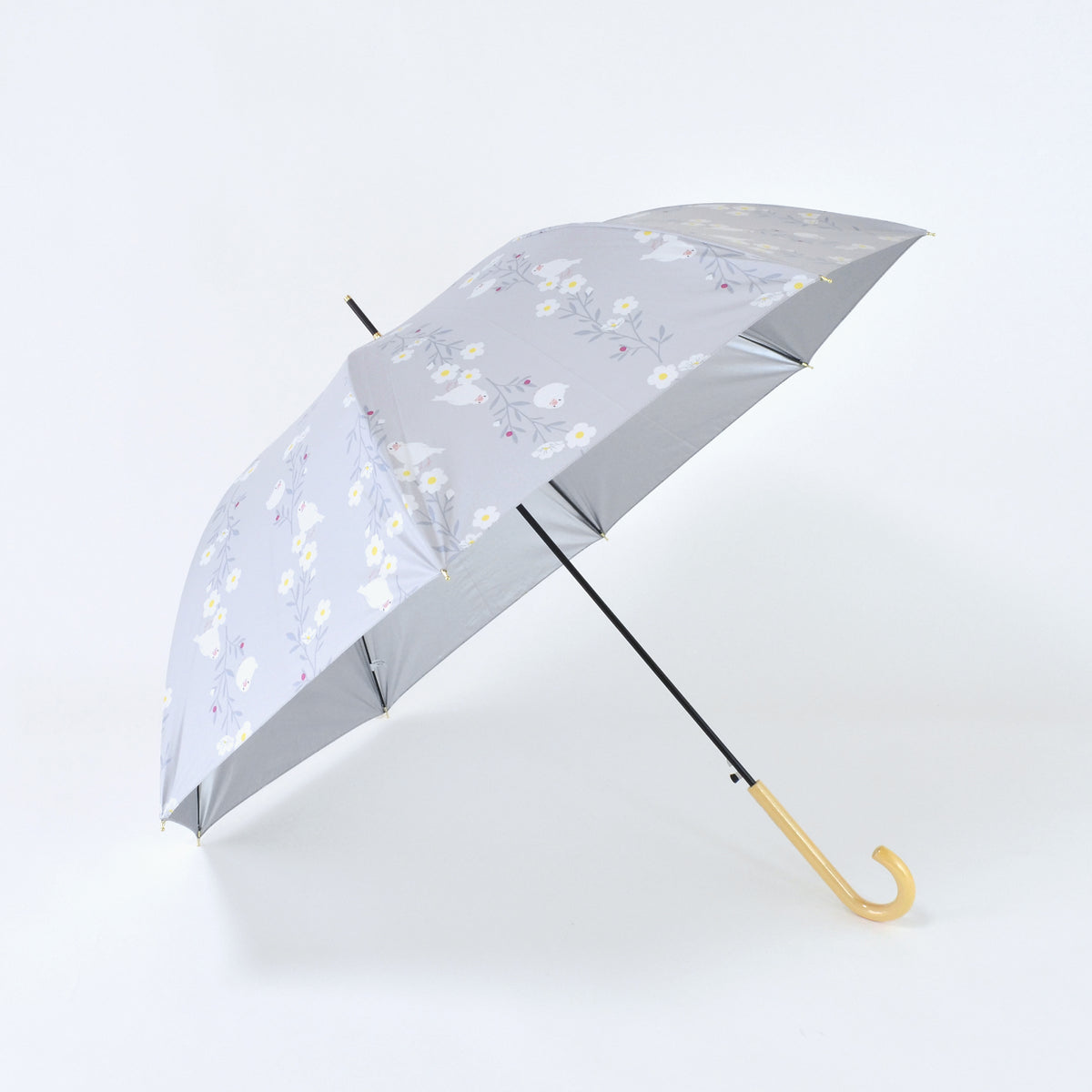 お花と文鳥｜遮光・遮熱 ジャンプ｜晴雨兼用 長傘 60cm