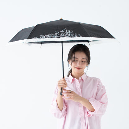 猫とお花刺繍切継ぎ｜遮光・遮熱｜晴雨兼用 折りたたみ傘 50cm