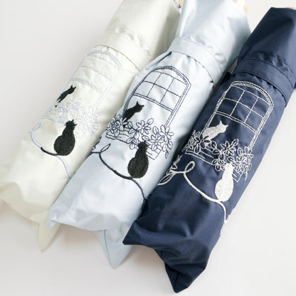 窓辺の猫 スカラ刺繍｜遮光・遮熱｜晴雨兼用 折りたたみ傘 50cm