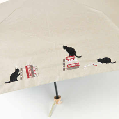 本と猫刺繍｜遮光・遮熱｜晴雨兼用 折りたたみ傘 50cm