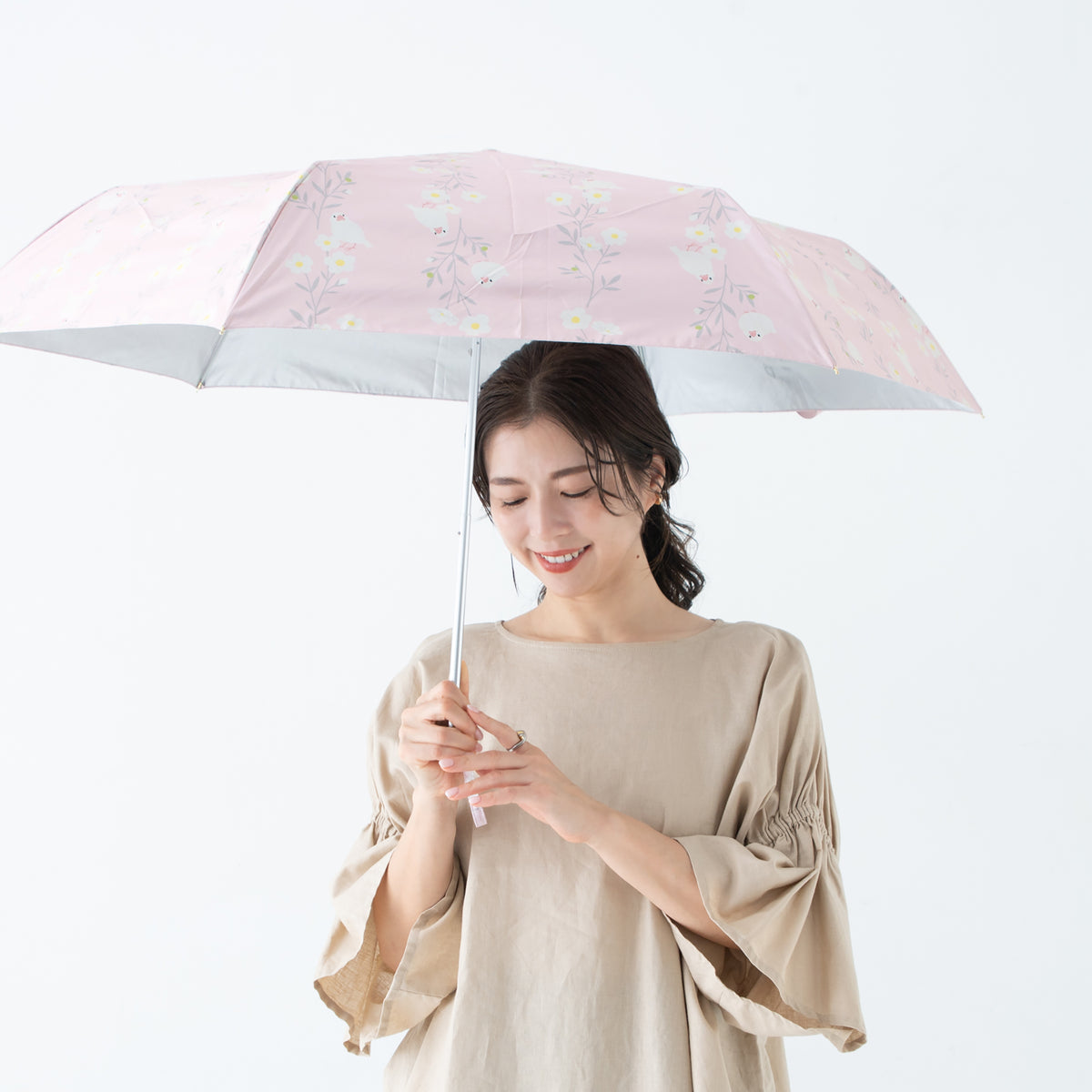 お花と文鳥｜遮光 耐風｜晴雨兼用 折りたたみ傘 55cm
