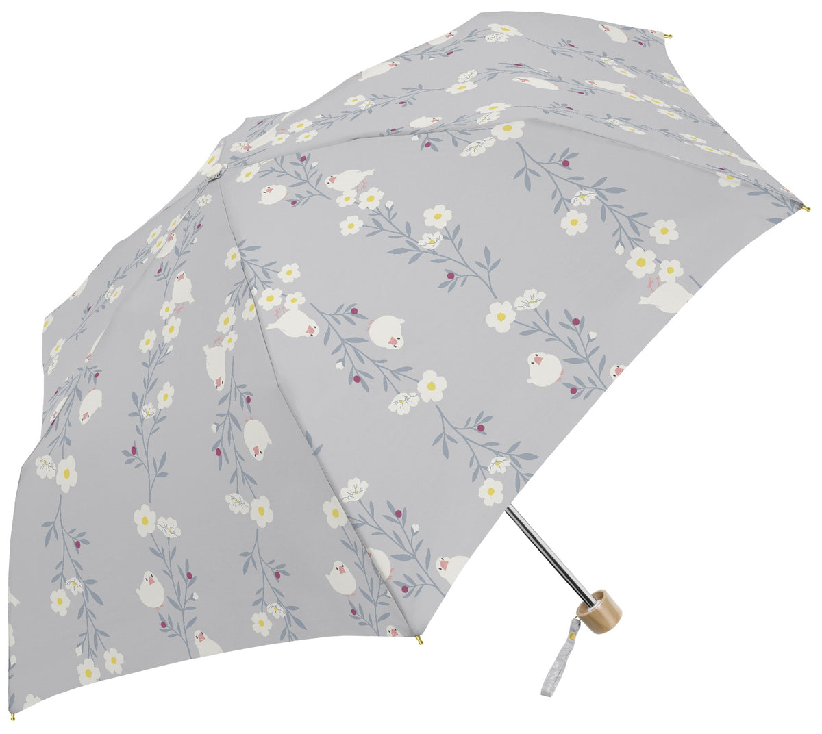 お花と文鳥｜遮光 耐風｜晴雨兼用 折りたたみ傘 55cm