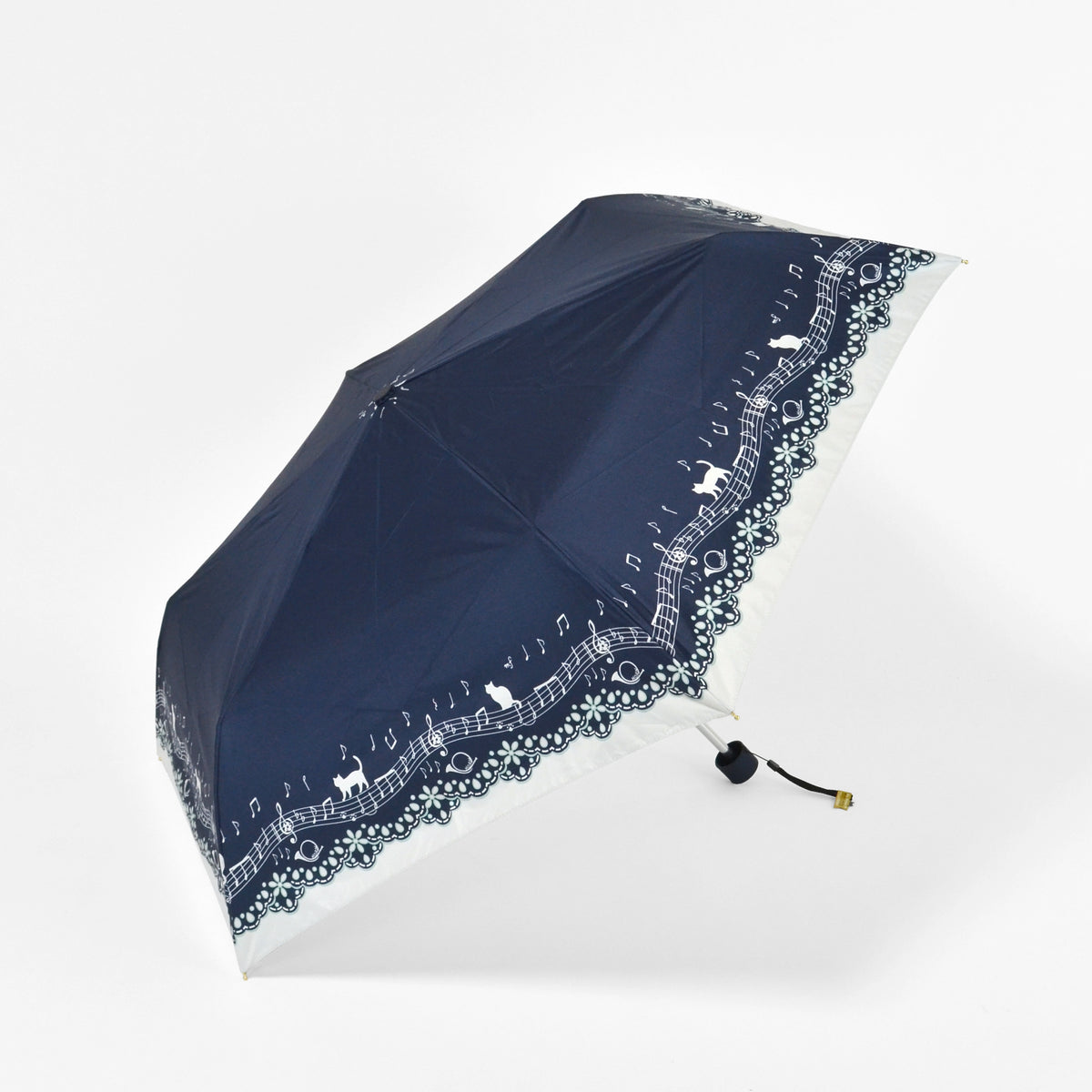 猫と音符とレースプリント｜遮光・遮熱 耐風｜晴雨兼用 折りたたみ傘 55cm