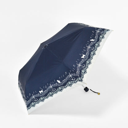 猫と音符とレースプリント｜遮光・遮熱 耐風｜晴雨兼用 折りたたみ傘 55cm