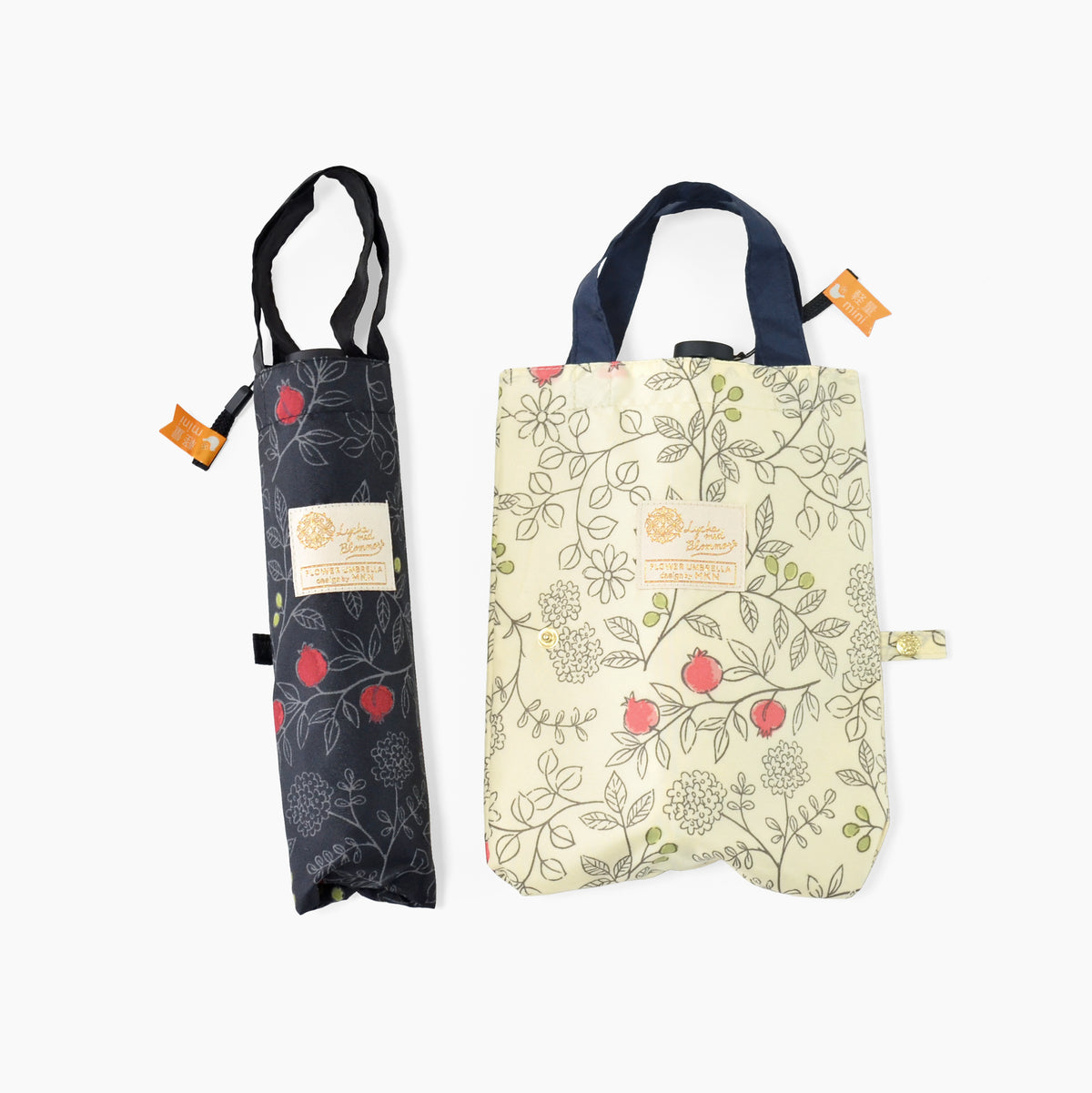 ザクロとシマエナガ｜軽量コンパクト折りたたみ雨傘 50cm（トートバッグ付）
