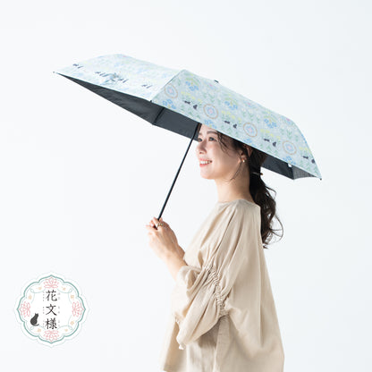 花文様・猫｜遮光・遮熱 軽量｜晴雨兼用 折りたたみ傘 50cm（トートバッグ付）