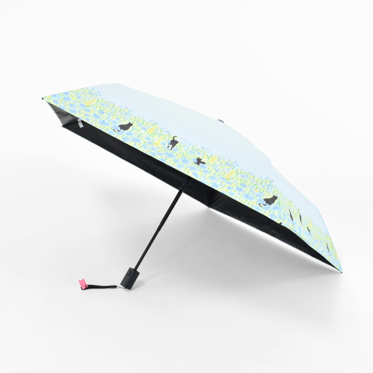 お花畑と猫｜遮光・遮熱 自動開閉｜晴雨兼用 折りたたみ傘 50cm