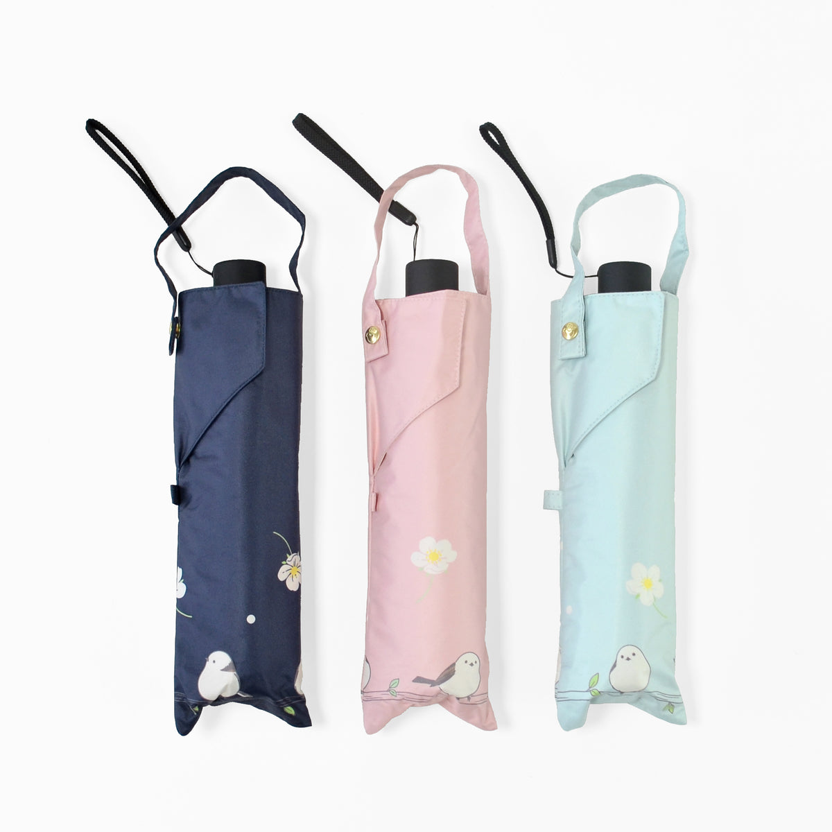 お花とシマエナガ｜遮光・遮熱 自動開閉｜晴雨兼用 折りたたみ傘 50cm