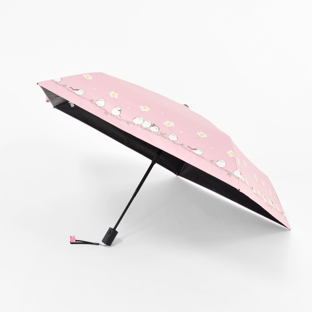 お花とシマエナガ｜遮光・遮熱 自動開閉｜晴雨兼用 折りたたみ傘 50cm