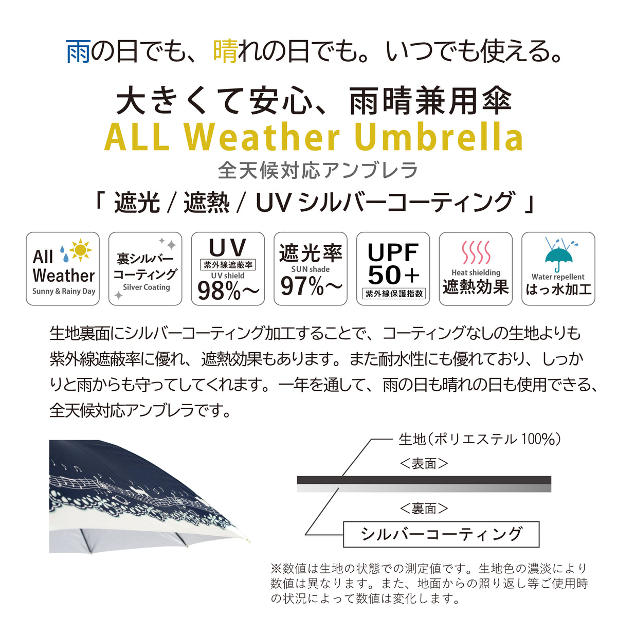 猫と音符とレースプリント｜遮光・遮熱 耐風｜晴雨兼用 折りたたみ傘 55cm
